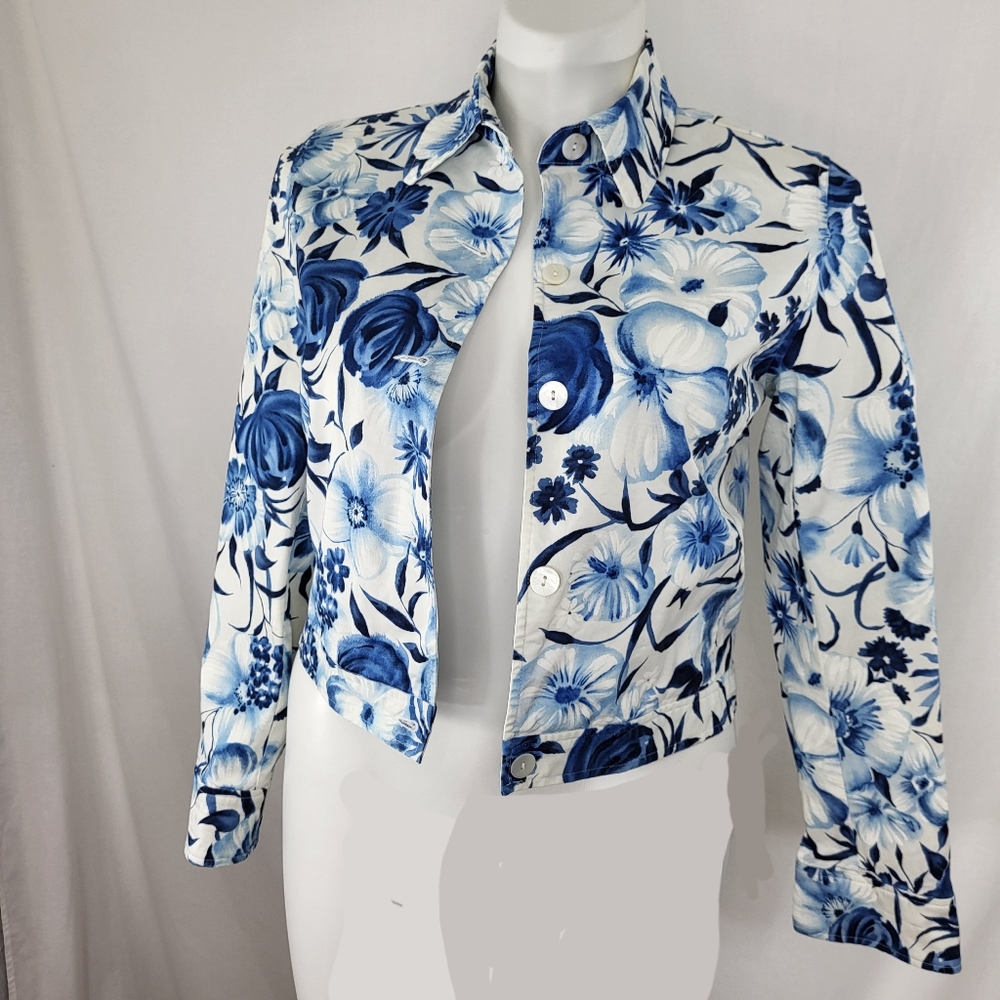 David Brooks Lightweight Floral JACKET Womens Size M Blue White Button Up Vtg - Picture 16 of 16